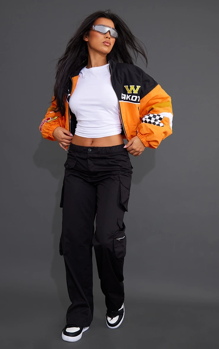 Orange Cropped Oversized Slogan Zipped Racer Bomber Jacket 2 Orange Cropped Oversized Slogan Zipped Racer Bomber Jacket - Image 2
