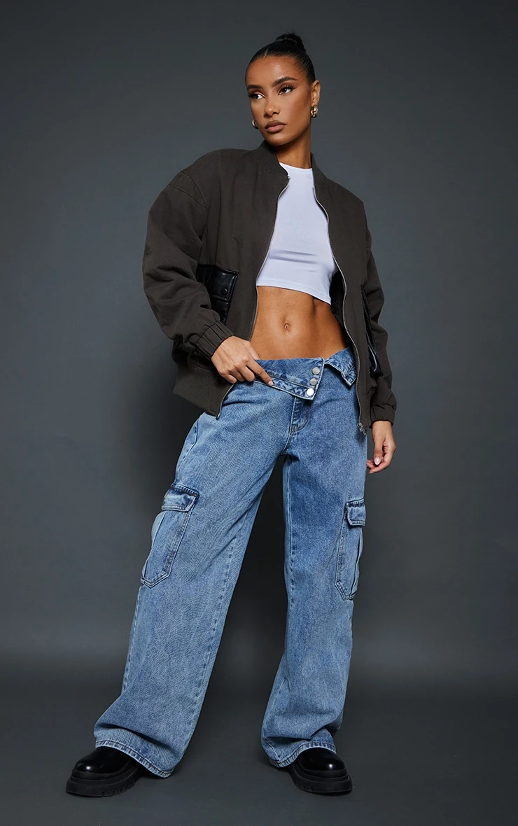 Khaki Contrast Faux Leather Pocket Oversized Bomber Jacket 3 Khaki Contrast Faux Leather Pocket Oversized Bomber Jacket - Image 3