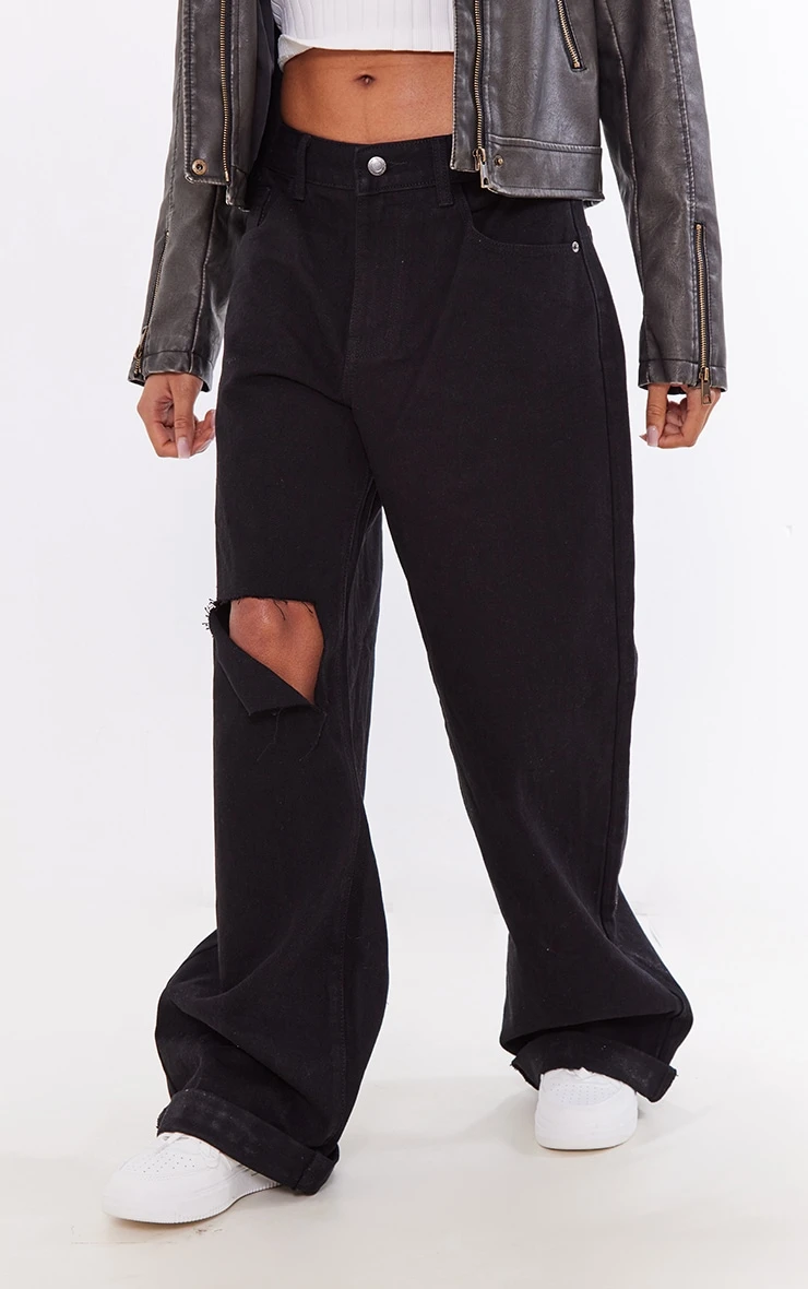 Washed Black Turn Up Hem Low Rise Ripped Baggy Boyfriend Jeans 3 Washed Black Turn Up Hem Low Rise Ripped Baggy Boyfriend Jeans - Image 3