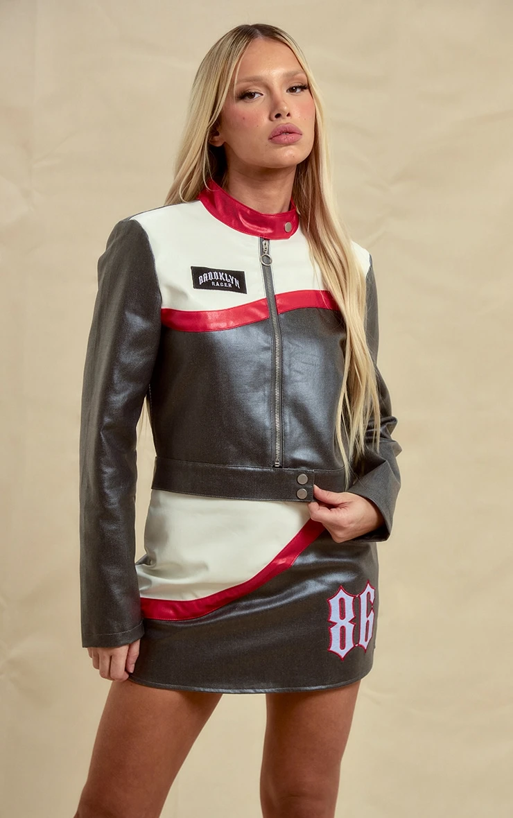 Grey Contrast Stripe Coated Denim Biker Jacket 1 Grey Contrast Stripe Coated Denim Biker Jacket