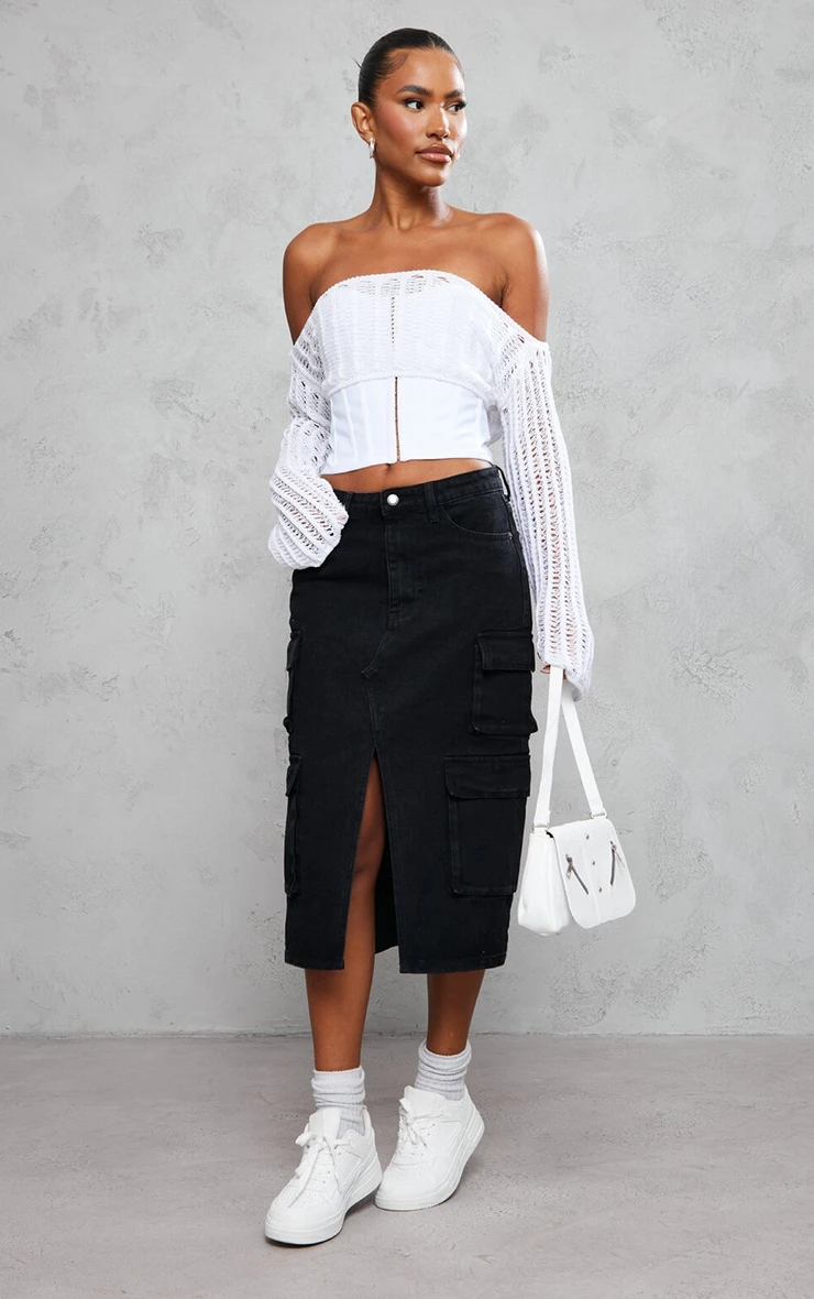 Washed Black Cargo Pocket Front Split Denim Midi Skirt 1 Washed Black Cargo Pocket Front Split Denim Midi Skirt