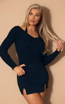 Black Stretch Woven Thigh Split Detail Mini Skirt