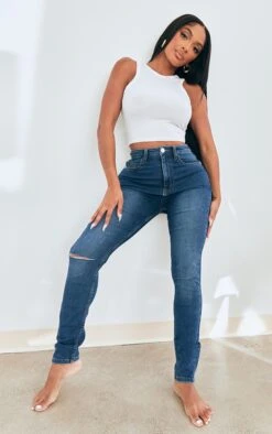 PRETTYLITTLETHING Shape Mid Blue Wash Knee Rip Skinny Jeans