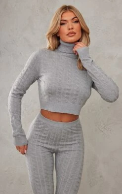 Grey Cable Knit Roll Neck Crop Jumper