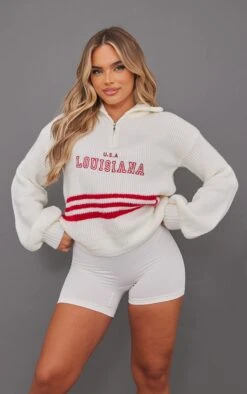 White Lousiana Varsity Half Zip Knit Jumper