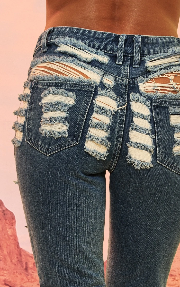 Mid Blue Wash Extreme Distressed Lace Slim Fit Jeans 4 Mid Blue Wash Extreme Distressed Lace Slim Fit Jeans - Image 4