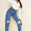 PRETTYLITTLETHING Dark Blue Knee Rip Mom Jeans