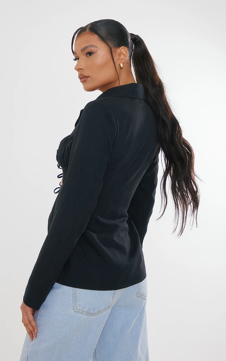 Black Layered Tie Front Fitted Blazer 2 Black Layered Tie Front Fitted Blazer - Image 2