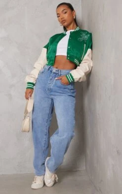 Green Stripe Trim Contrast Sleeve Satin Cropped Varsity Bomber Jacket -Modern Wear Boutique 7e5c3650452a315122f3d5648450be333ecffada cmv4990 3