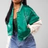 Green Stripe Trim Contrast Sleeve Satin Cropped Varsity Bomber Jacket