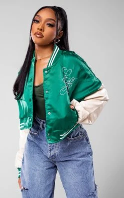 Green Stripe Trim Contrast Sleeve Satin Cropped Varsity Bomber Jacket