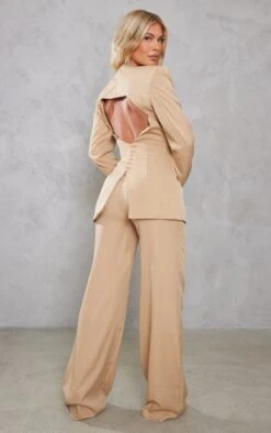 Stone Woven Open Back Button Detail Cinched Blazer