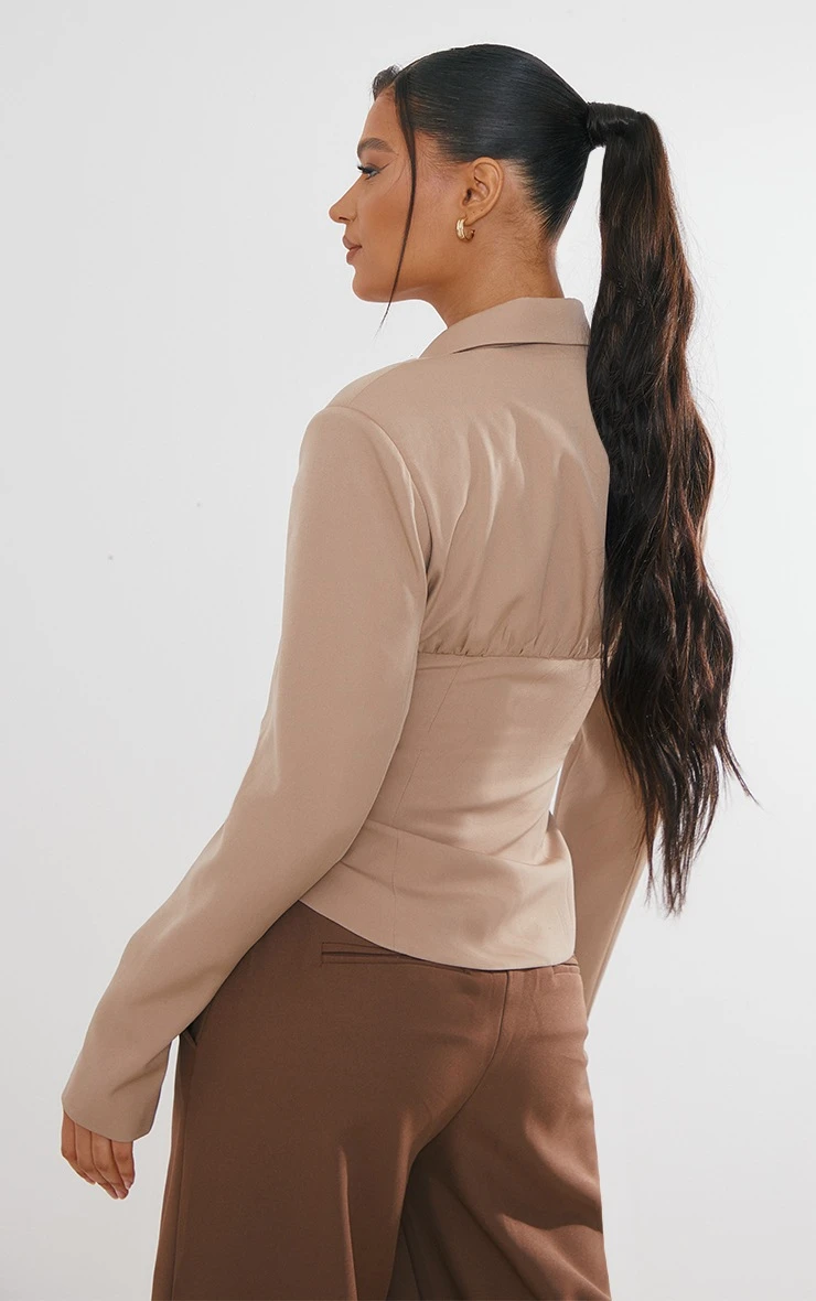 Taupe Corset Waist Shoulder Pad Blazer 2 Taupe Corset Waist Shoulder Pad Blazer - Image 2