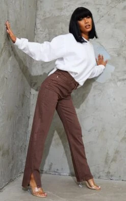 Brown Split Hem Straight Leg Jeans
