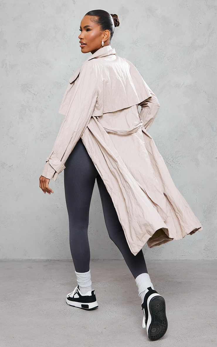 Beige Crinkled Effect Belted Trench Coat 2 Beige Crinkled Effect Belted Trench Coat - Image 2
