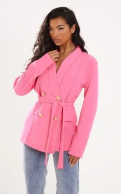 Pink Lightweight Double Breasted Belted Blazer