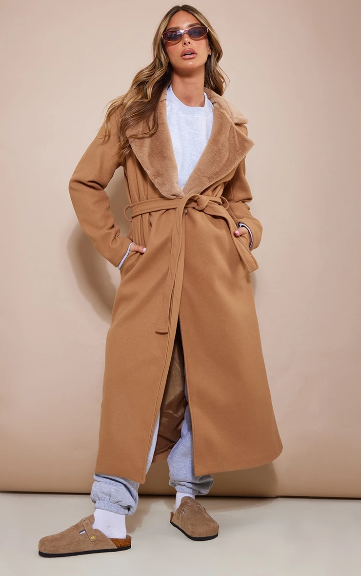 Camel Faux Fur Collar Wool Look Belted Coat 3 Camel Faux Fur Collar Wool Look Belted Coat - Image 3
