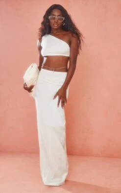 Cream Brushed Woven Ruched V Front Maxi Skirt