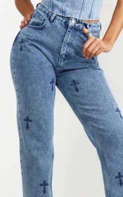 Mid Blue Wash Cross Print Long Leg Straight Leg Jeans -Modern Wear Boutique 8a5448252a6da178befaf1ec2435eee160d83eb1 cnb8267 4