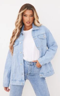 PRETTYLITTLETHING Light Blue Wash Oversized Boyfriend Denim Jacket