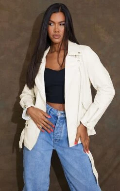 Off White Faux Leather Longline Belted Biker Jacket