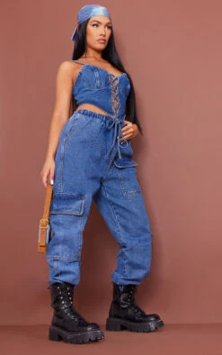 Mid Blue Wash Cargo Jeans Track Pants