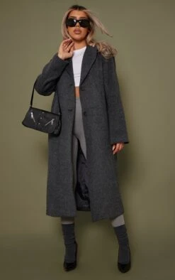 Grey Brushed Wool Look Longline Coat