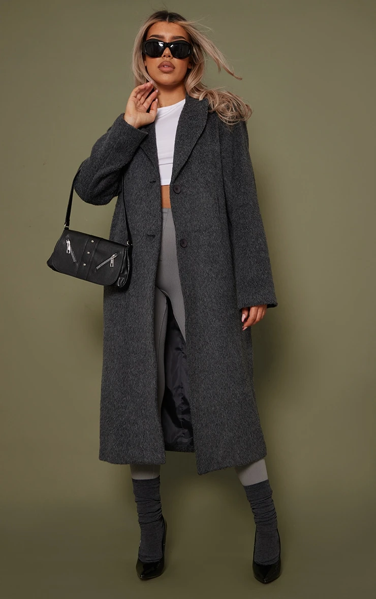 Grey Brushed Wool Look Longline Coat 1 Grey Brushed Wool Look Longline Coat