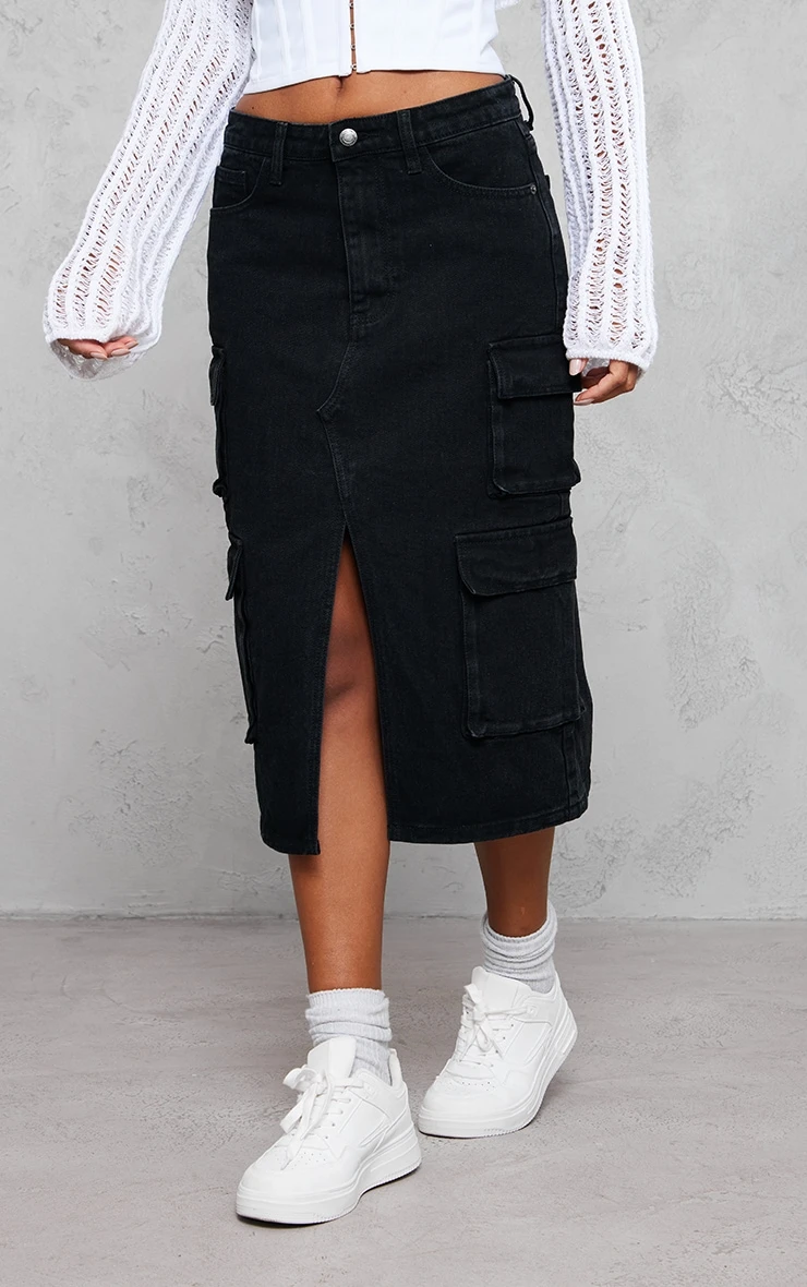Washed Black Cargo Pocket Front Split Denim Midi Skirt 2 Washed Black Cargo Pocket Front Split Denim Midi Skirt - Image 2