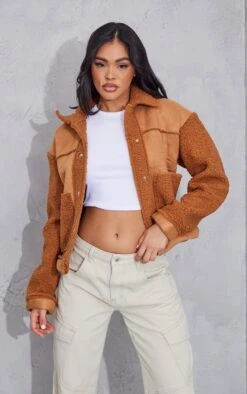 Toffee Faux Suede Borg Lined Cropped Jacket