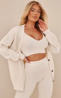 Off White Brushed Button Front Oversized Knit Cardigan