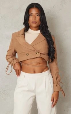Rust Textured Look Tie Detail Cropped Blazer