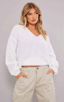 White Boucle Knit V Neck Oversized Jumper