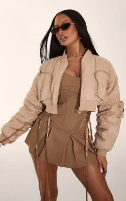 Modern Wear Boutique 31 Beige Cropped Ruched Sleeve Utility Pocket Bomber Jacket
