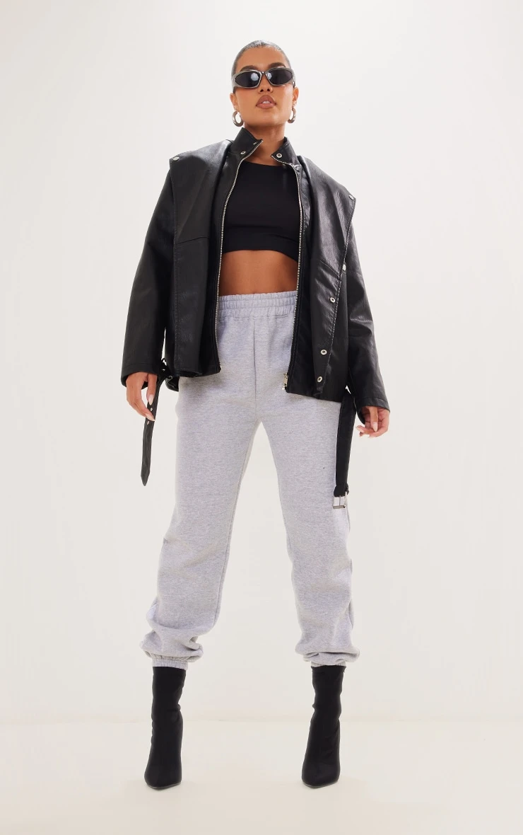 Black Double Layer Textured Faux Leather Oversized Biker Jacket 3 Black Double Layer Textured Faux Leather Oversized Biker Jacket - Image 3