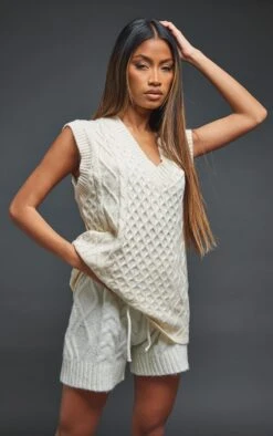 Cream Oversized Cable Knit Vest