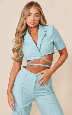 Pale Blue Woven Tie Waist Short Sleeved Cropped Blazer