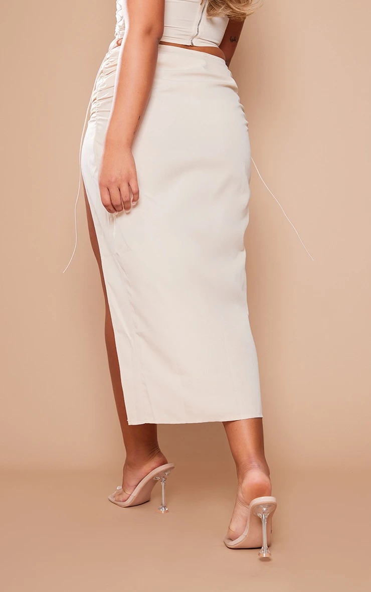 Cream Woven Low Rise Ruched Side Midi Skirt 3 Cream Woven Low Rise Ruched Side Midi Skirt - Image 3