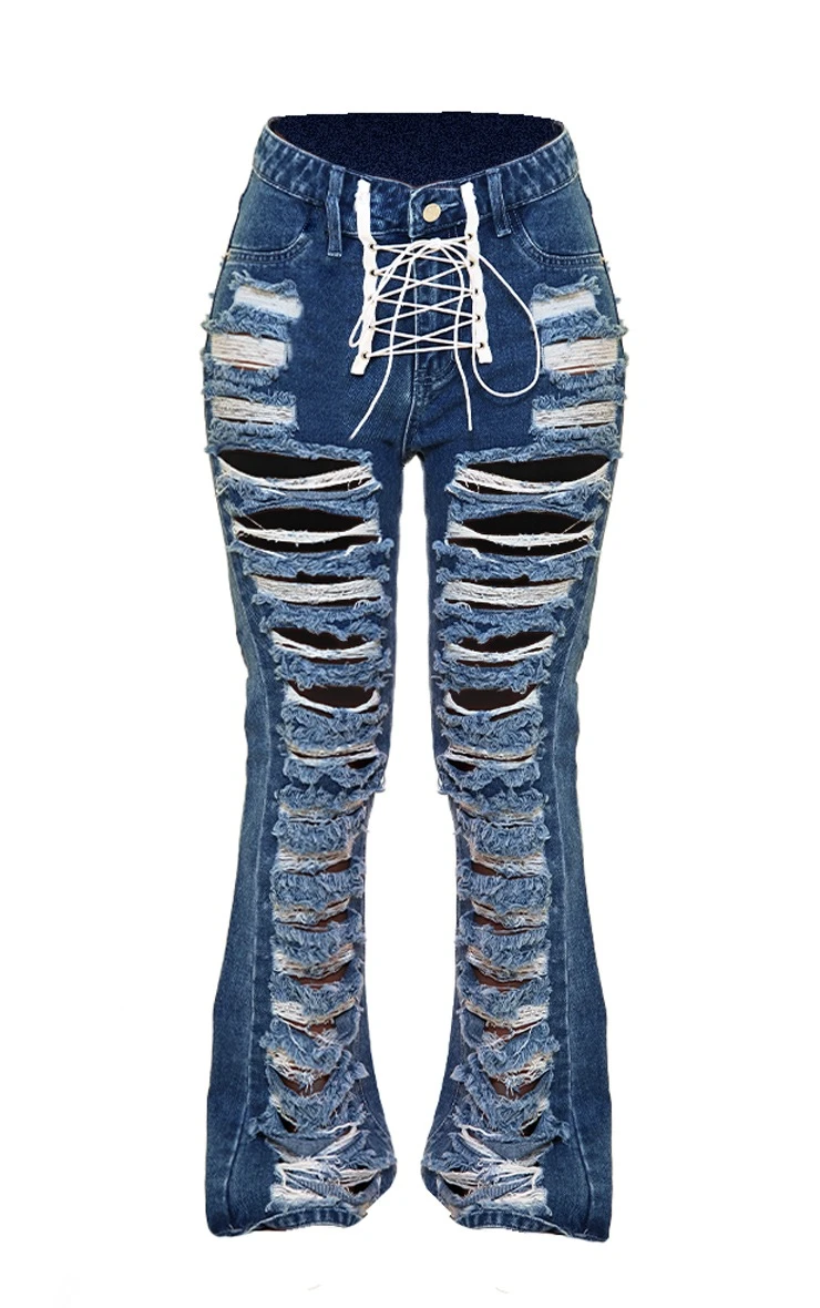 Mid Blue Wash Extreme Distressed Lace Slim Fit Jeans 5 Mid Blue Wash Extreme Distressed Lace Slim Fit Jeans - Image 5