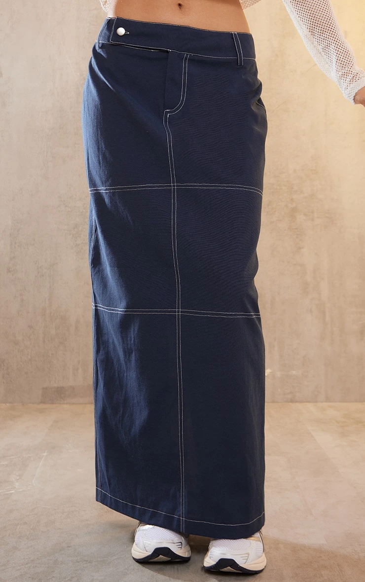 Dark Blue Contrast Stitch Lightweight Twill Midaxi Skirt 2 Dark Blue Contrast Stitch Lightweight Twill Midaxi Skirt - Image 2