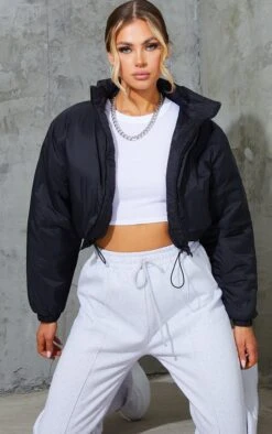Black Basic Cropped Toggle Hem Puffer
