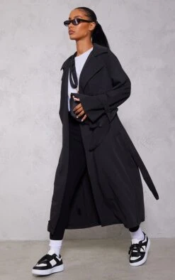 Black Drapey Woven Longline Trench
