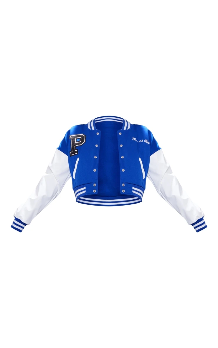 PRETTYLITTLETHING Bright Blue Varsity Slogan Contrast Sleeve Bomber Jacket 5 PRETTYLITTLETHING Bright Blue Varsity Slogan Contrast Sleeve Bomber Jacket - Image 5
