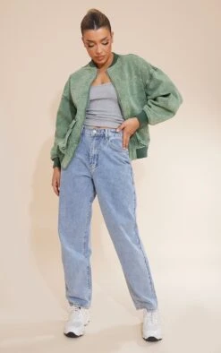 Washed Khaki Acid Wash Oversized Pocket Detail Denim Bomber Jacket