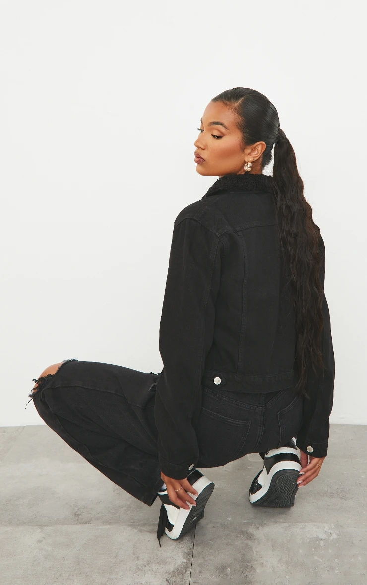 Black Cropped Borg Collar Denim Jacket 2 Black Cropped Borg Collar Denim Jacket - Image 2