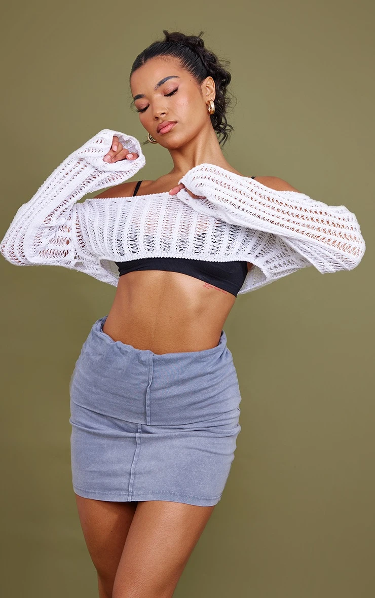 Charcoal Grey Acid Wash Cotton Fold Over Mini Skirt 4 Charcoal Grey Acid Wash Cotton Fold Over Mini Skirt - Image 4