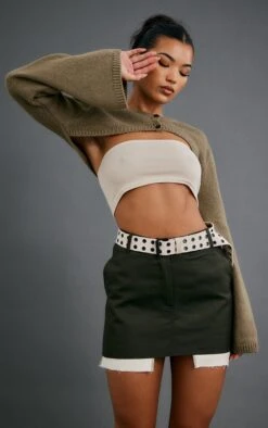 Khaki Super Cropped Button Knit Cardigan