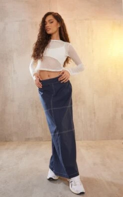 Dark Blue Contrast Stitch Lightweight Twill Midaxi Skirt