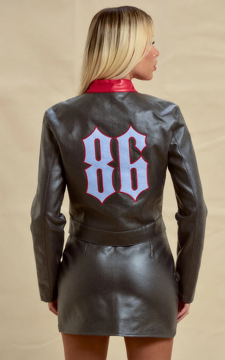 Grey Contrast Stripe Coated Denim Biker Jacket 2 Grey Contrast Stripe Coated Denim Biker Jacket - Image 2