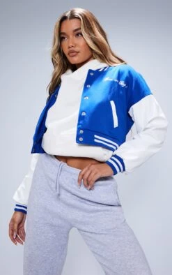 PRETTYLITTLETHING Bright Blue Varsity Slogan Contrast Sleeve Bomber Jacket